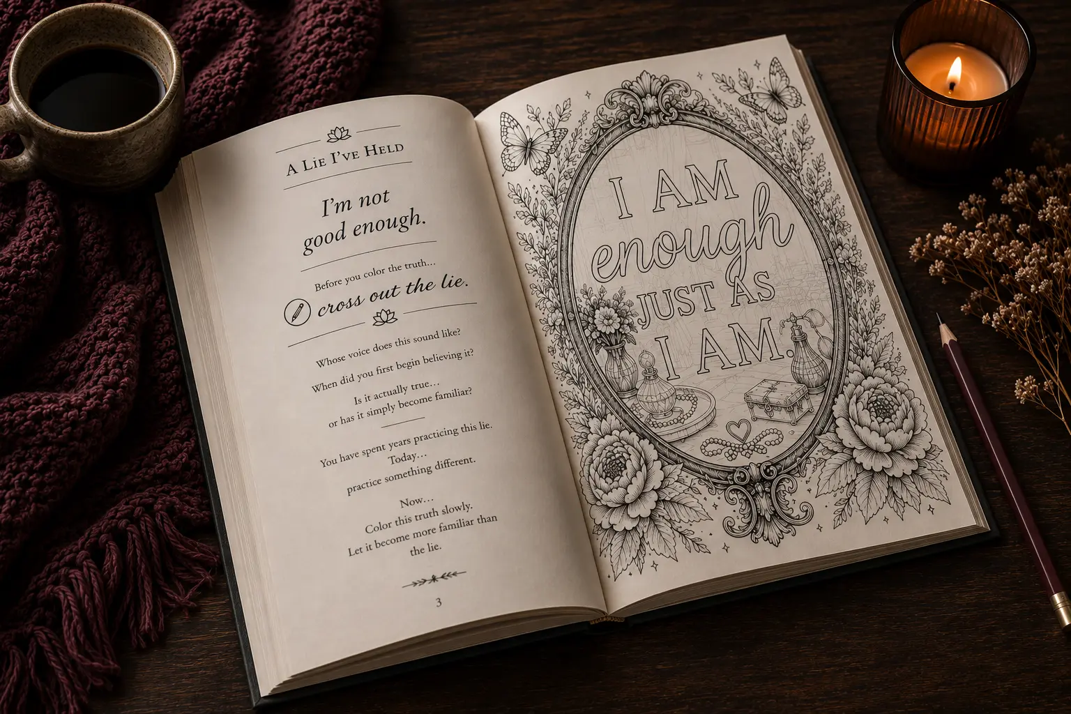 A Lie I've Held spread beside the coloring page 'I am enough just as I am'