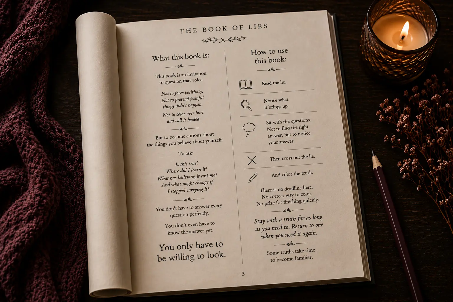 Opening pages explaining what The Book of Lies is and how to use it